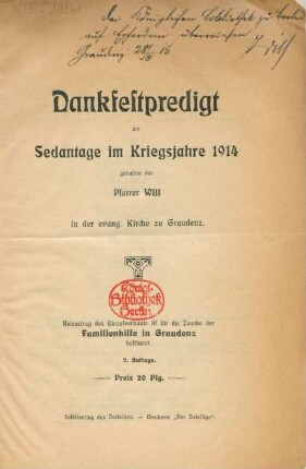 Dankfestpredigt am Sedantage im Kriegsjahre 1914