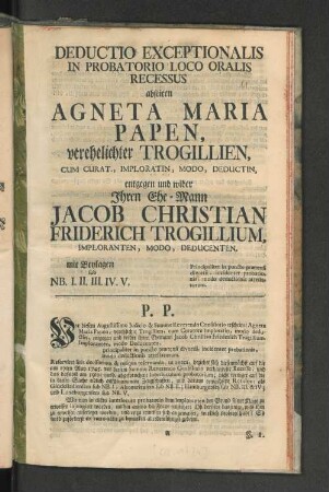 [Deductio Exceptionalis In Probatorio Loco Oralis Recessus abseiten Agneta Maria Papen, ...]