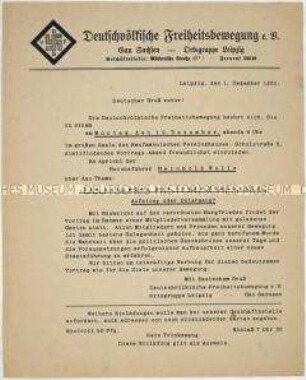 Hektografierte Einladung zu einer Propagandaveranstaltung der Deutschvölkischen Freiheitsbewegung