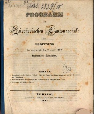 Programm der Zürcherischen Kantonsschule. 1837