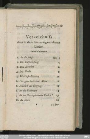 Verzeichniss derer in dieser Sammlung enthaltenen Lieder.