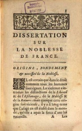 Essais sur la noblesse de France : avec des notes historiques, critiques et politiques