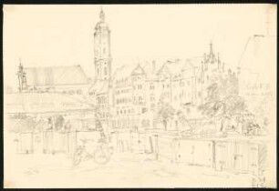 Zeichenübungen und Skizzen: Skizze Hof einer Stadt mit Kirche