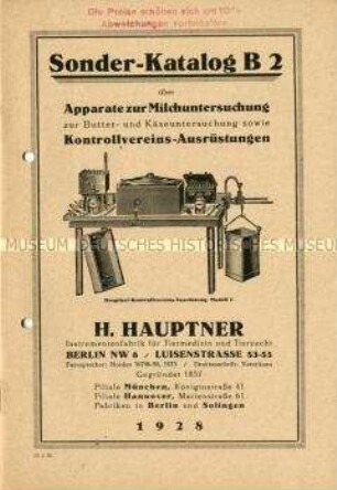 Sonder-Katalog B 2 über Apparate zur Milchuntersuchung zur Butter- und Käseuntersuchung sowie Kontrollvereins-Ausrüstungen