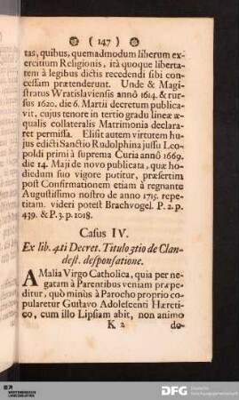 Casus IV. Ex lib. 4ti Decret. Titulo 3tio de Clandest. desponsatione.