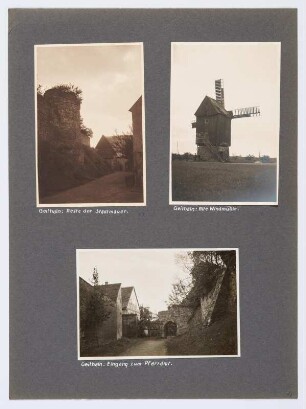 Referenzmappe 3/17 des Fotografen Walter Möbius : Mappenblatt 34 mit drei Fotografien (Reste der Stadtmauer, Windmühle und Pfarramt in Geithain)