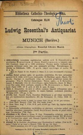 Bibliotheca Catholico-Theologica, Bibliotheca Catholico-Theologica nona. Supplément de nos catalogues XXII, XXVIII, XXXI, XXXIV, XXXV, XXXVI, XL, XLI : nouvelles acquisitions: manuscrits sur vélin et sur papier, livres imprimés théologie catholique, ouvrages religieux à figures et avec la musique notée : en toutes les langues, excepté en Allemand