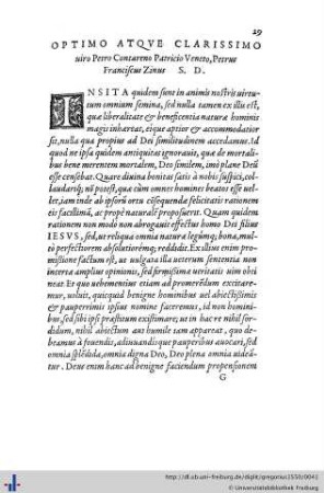 Optimo atque clarissimo viro Petro Contareno Patritio Veneto, Petrus Franciscus Zinus.