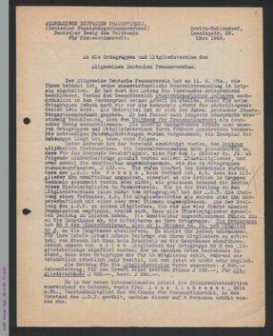 Rundschreiben von Dorothee von Velsen an die Ortsgruppen und Mitgliedsvereine des ADF