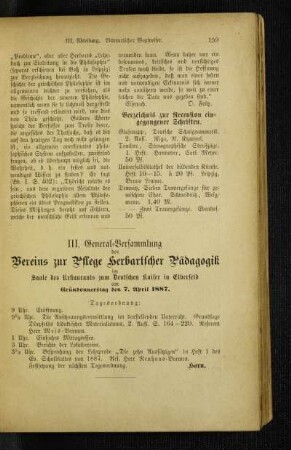 III. General-Versammlung des Vereins zur Pflege Herbartscher Pädagogik : im Saale des Restaurants zum Deutschen Kaiser in Elberfeld am Gründonnerstag den 7. April 1887