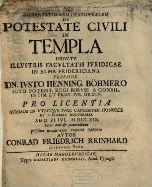 Dissertatio Inavgvralem De Potestate Civili In Templa