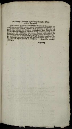Verordnung, betreffend die Verohmgeldung des Weins nach der Zapfmaas : Zweybrücken den 25ten Junii 1761.