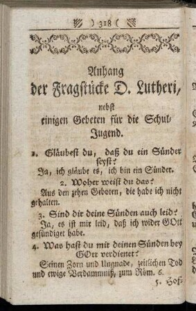 Anhang der Fragstücke D. Lutheri, nebst einigen Gebeten für die Schul-Jugend.