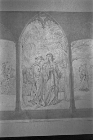 Rietschel, Ernst: Gedenkblatt für die Dresdner Freunde (Tanzpaar). Bleistift, Pinsel, Bleiweißhöhung (oxydiert) / elfenbeinfarbiges Velin; 51,4 x 70,7 cm. Aug. 1826. Mittelteil des Blattes. Pulsnitz, St.-Nicolai-Kirche, WVZ 168