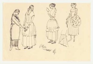 Historisierende Figurinen : Drei Figurinen mit übereinander getragenen Rücken im Stil der Englischen Mode gerafft und geschnürt, enge Miederoberteile; eine Figurine in Schürze; weitere Skizze