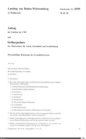 Antrag der CDU: Wirtschaftliche Bedeutung des Gesundheitswesens