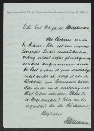 Brief von Hermann Haussmann und Hildegard Haussmann an Margarete Hauptmann