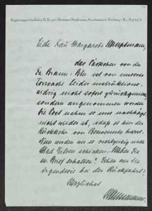 Brief von Hermann Haussmann und Hildegard Haussmann an Margarete Hauptmann