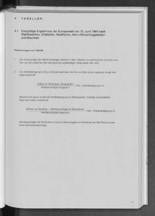 4.1 Endgültige Ergebnisse der Europawahl am 12. Juni 1994 nach Wahlbezirken, Ortsteilen, Stadtteilen, Kern-/Ortsamtsgebieten und Bezirken