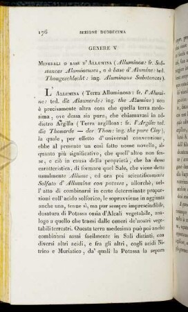 Genere V. Minerali O Base D' Allumina (Alluminea: fr. Substances Alumineuses, o à base d' Alumine: ted. Thongeschlecht: ing. Aluminous Substances).