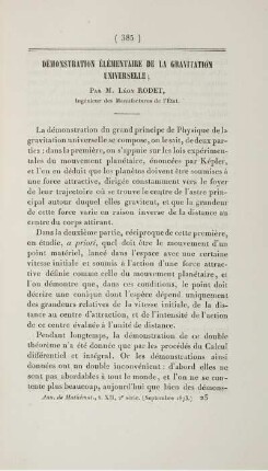 Démonstration élémentaire de la gravitation universelle.