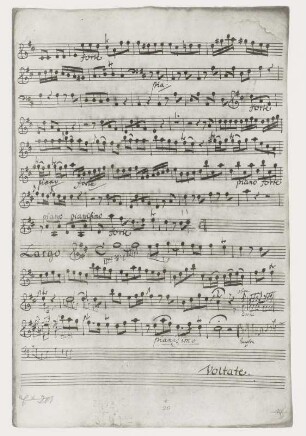 Violino primo: Schluß Eingangssatz Allegro und Largo (mit Einträgen Pisendels), fol. 20