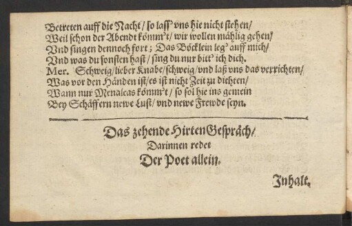 Das zehende HirtenGespräch/ Darinnen redet Der Poet allein.