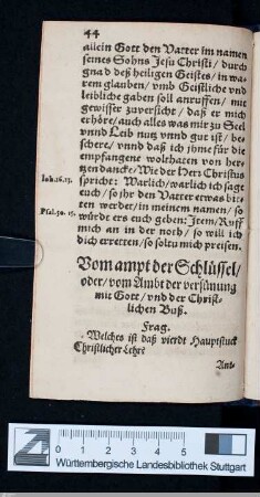 Vom ampt der Schluessel / oder / vom Ambt der versuenung mit Gott / vnd der Christlichen Buß