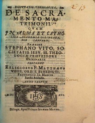 Dispvtatio Theologica, De Sacramento Matrimonii