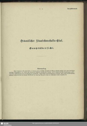 Ordentlicher Staatshaushalts-Etat. Hauptübersicht