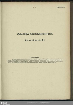 Ordentlicher Staatshaushalts-Etat. Hauptübersicht