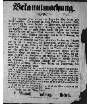 Bekanntmachung Die erhebende Feier des gestrigen Tages hat aller Herzen auf's Tiefste ergriffen. (Sammlung Friedlaender)