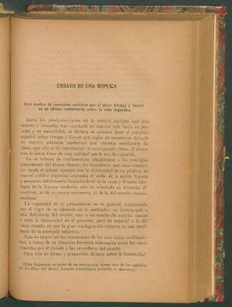 Ensayo de una réplica : Con motivo de conceptos emitidos por el señor Ortega y Gasset en su última conferencia sobre la vida argentina