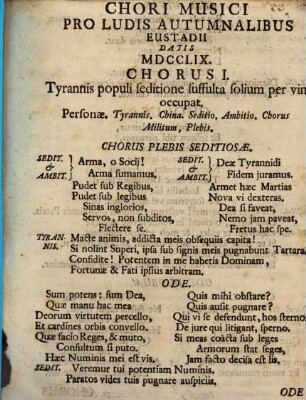 Chori Musici Pro Ludis Autumnalibus Eustadii Datis MDCCLIX.