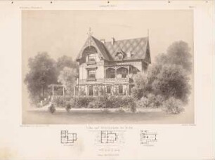 Villa Siedlung Wilhelmshöhe, Berlin-Kreuzberg: Grundrisse, Perspektivische Ansicht (aus: Architektonisches Skizzenbuch, H. 106/1, 1871)