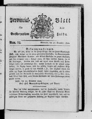 Num. 52, Ausgabe vom 27. Dezember 1820
