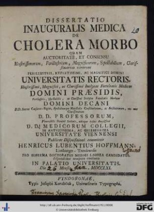 Dissertatio Inauguralis Medica De Cholera Morbo