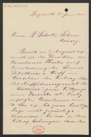 Brief an B. Schott's Söhne : 31.01.1902