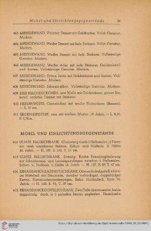 Möbel und Einrichtungsgegenstände (Nr. 412 - 499)