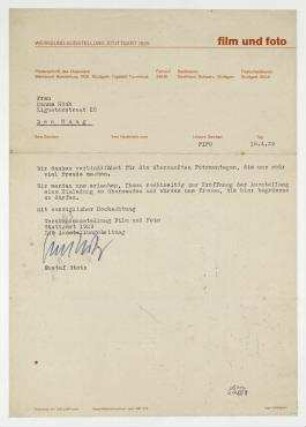 Brief Werkbund-Ausstellung Film und Foto/Die Ausstellungsleitung / gez. Gustav Stotz an Hannah Höch. Stuttgart. Briefkopf: "WERKBUND-AUSSTELLUNG STUTTGART 1929 film und foto [...]".