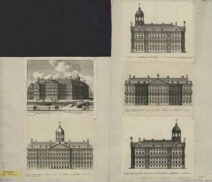 Ansichten vom Stadthaus in Amsterdam , Kupferstich, um 1700 : Basilicae Amsteldamensis Conspectus, via Tranquilla exeuntibus : cum privilegio = ¬Het¬Stadhuis van Amsteldam, te sien van de Stilsteegh / Pet. Schenk exc. Amstelod[ami] , [um 1700]. - 5 Kunstbl. : Kupferst. ; versch. Gr. +++ Enth. 5 versch. Ansichten vom Amsterdamer Stadthaus u.d.T.: Basilicae Amsteldamensis conspectus anterior; Basilicae Amsteldamensis conspectus, à dextre latere; Basilicae Amsteldamensis conspectus posterior. - Titel teilw. in Spiegelschrift