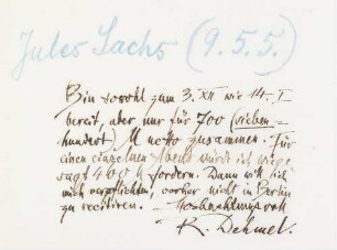 Brief an Jules Sachs Konzertdirektion