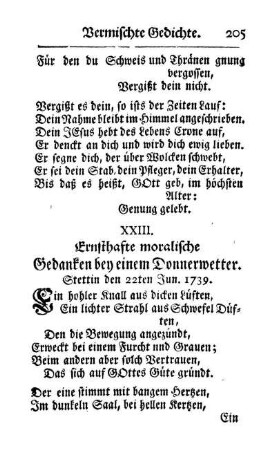 XXIII. Ernsthafte moralische Gedanken bey einem Donnerwetter. Stettin den 22ten Jun. 1739.