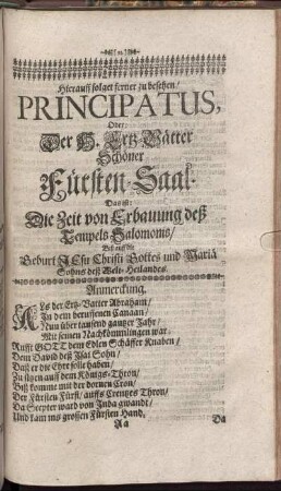 Hierrauff folget ferner zu besehen/ Patriarchatus, Oder: Der H. Ertz- Vätter Schöner Fürsten- Saal.