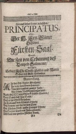 Hierrauff folget ferner zu besehen/ Patriarchatus, Oder: Der H. Ertz- Vätter Schöner Fürsten- Saal.