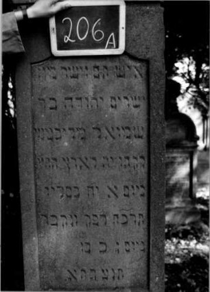 Grabstein 206 (Index: 100112197) Material: Sandstein Zustand: gut Maße HxBxT: 210x60x30 cm Beschreibung: Stele, profilierter Sockel, giebelartiger Abschluß mit Verdachung, Schriftfeld eingetieft mit Eselsrückenabschluß Symbolik: geknickte Rose: Grabstein 206A