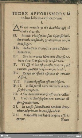 Index Aphorismorum in hoc Libello explicatorum