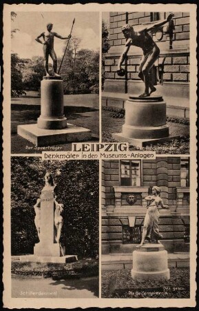 Leipzig: Denkmäler in den Museums-Anlagen : der Speerträger, der Bocciaspieler, Schillerdenkmal, die Reifenspielerin