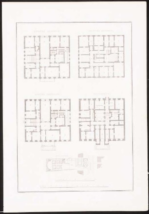 Wohnhaus Bellevuestraße, Berlin: Lageplan, Grundriss Keller, 1.OG, 2.OG, 3.OG (aus: Architektonisches Album, Bd. 1, H.3, hrsg.v. Stüler, Knoblauch, Salzenberg, Strack, Runge, 1839)