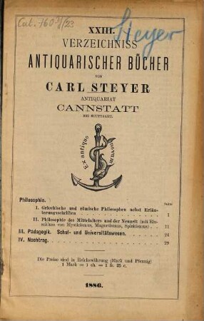Verzeichniss antiquarischer Bücher von Carl Steyer, Antiquariat, Cannstatt bei Stuttgart. 23. 1886